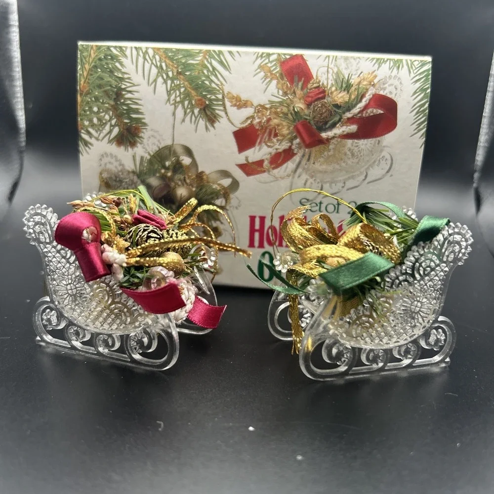 Set Of 2 Holiday Sleigh  Santa's Sleigh Christmas Tree Ornaments Decorated